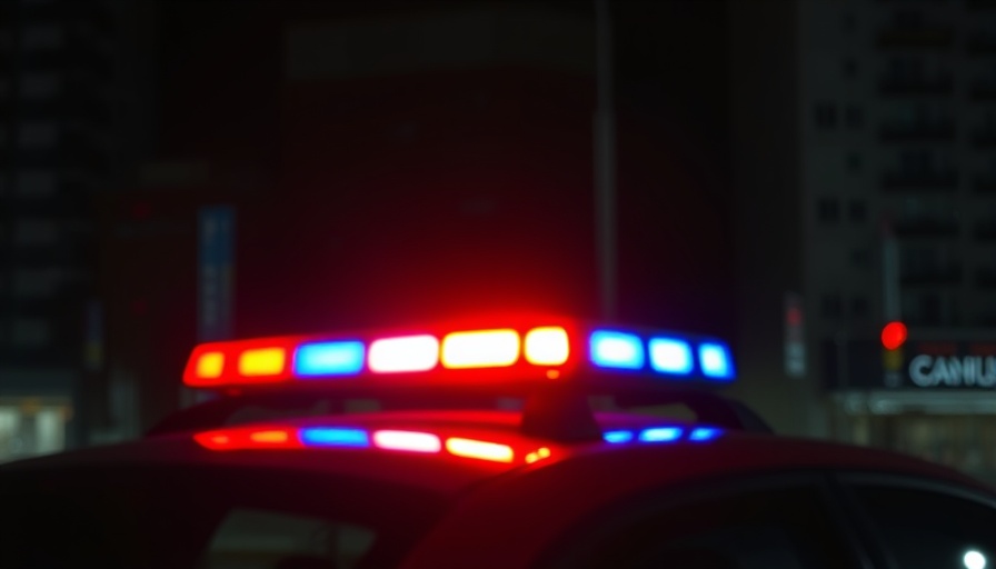 Blurred police lights in a dark urban setting.