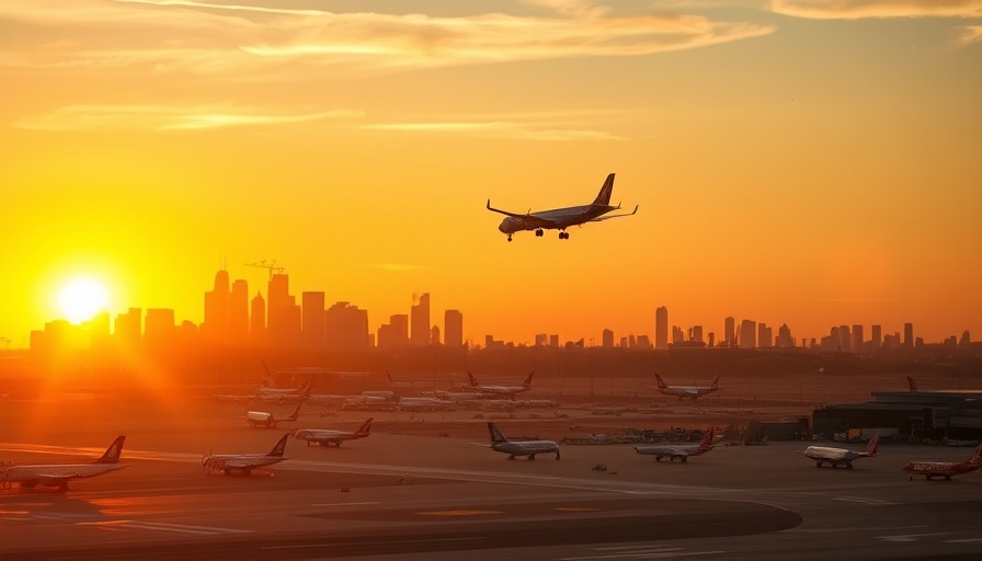 Sunset at Newark Airport with plane approaching, city skyline.