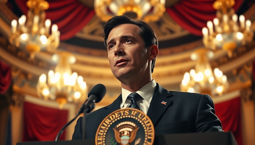 Voice of America pro-Trump Network political leader at podium in elegant theater.