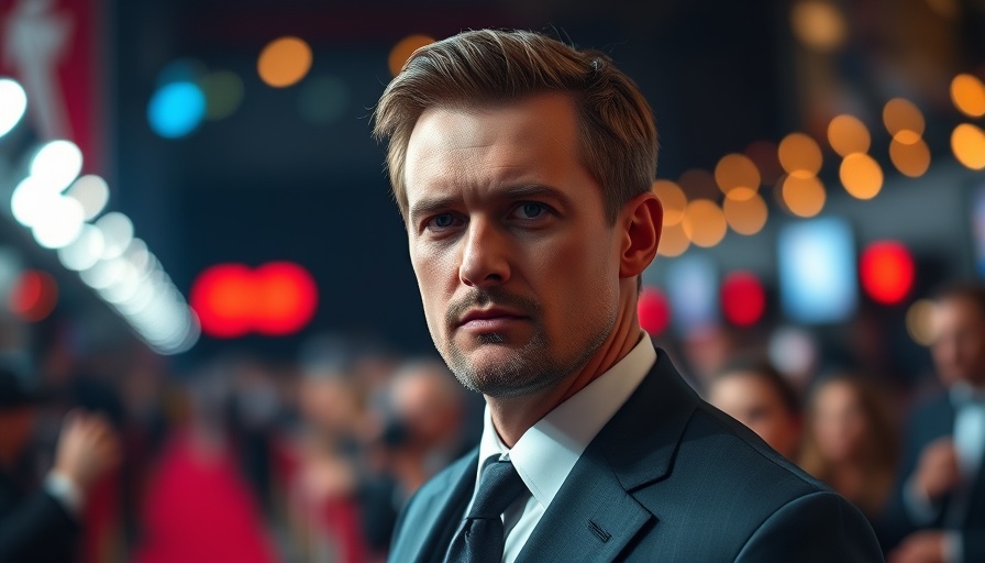 Man in formal attire with serious look at red carpet event.