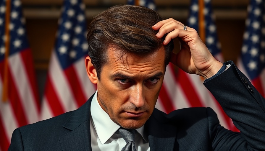 Concerned man adjusting hair in front of American flags at national budget news.