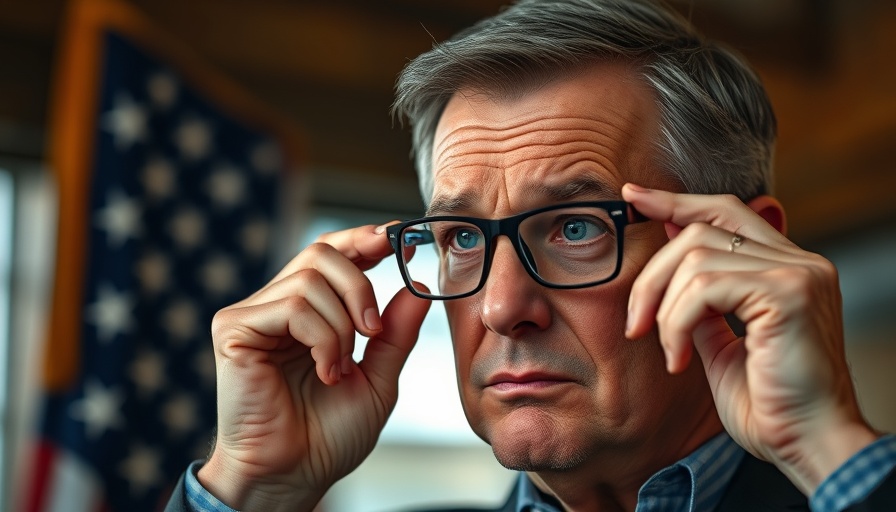 Concerned man adjusting glasses with national flag backdrop, related to national budget news.