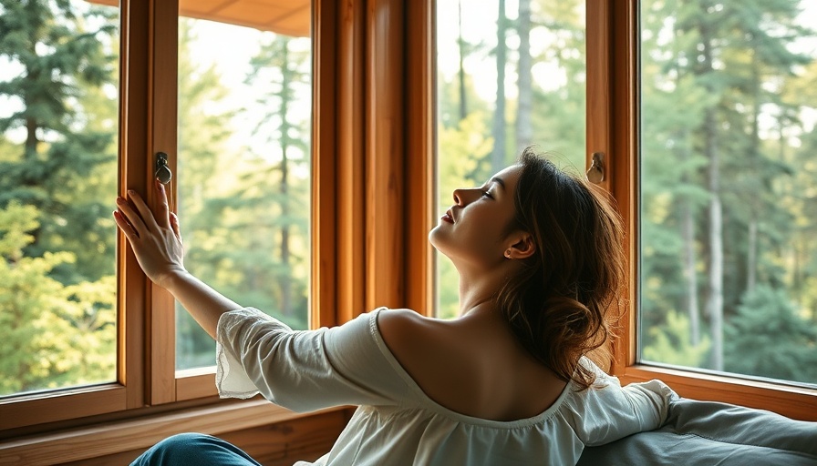 Young woman enjoying morning sun through a wooden cabin window, symbolizing health and wellness.
