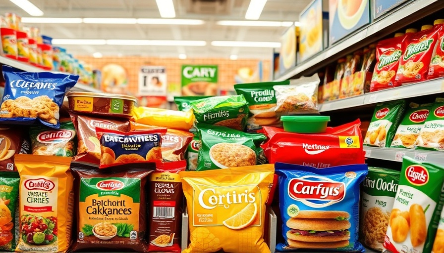 Colorful packaging of ultra-processed foods in a grocery aisle.
