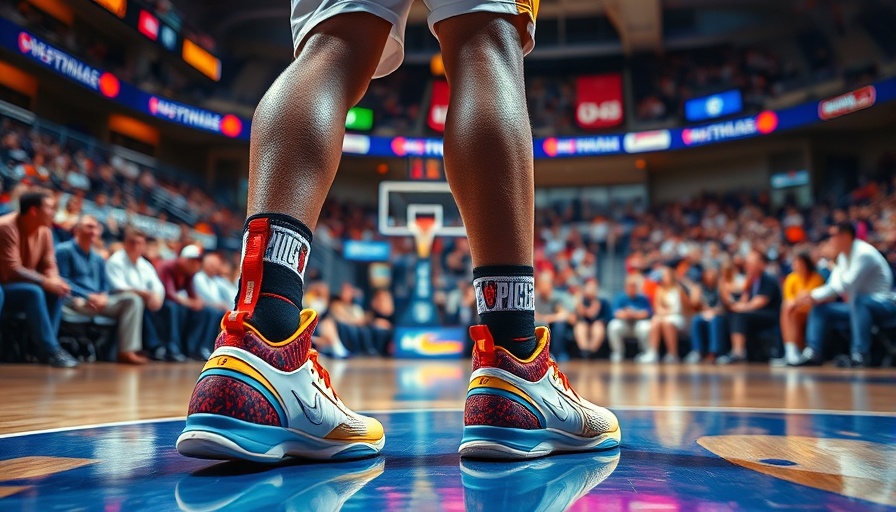 Close-up of basketball player on court in a lively sports arena.