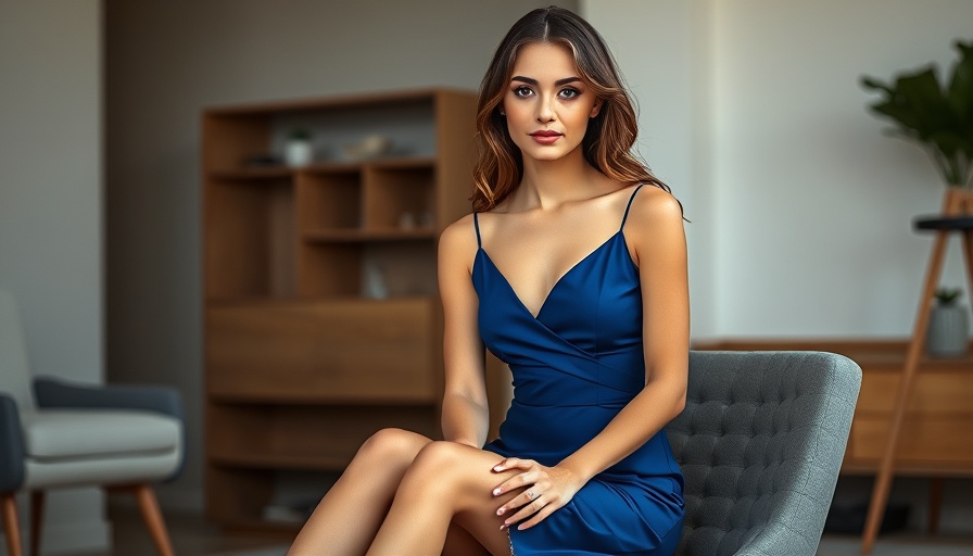 Elegant young woman in blue dress sitting confidently in modern studio.