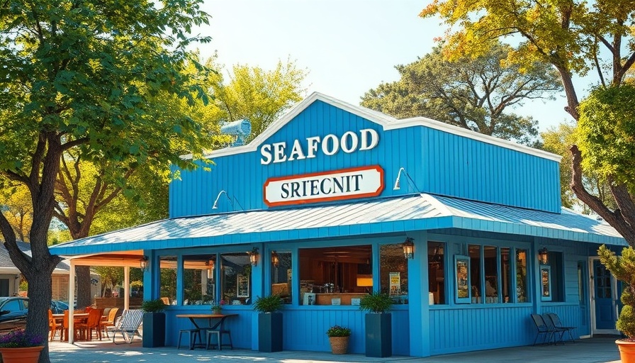 San Antonio dining: quaint blue seafood restaurant in lush setting