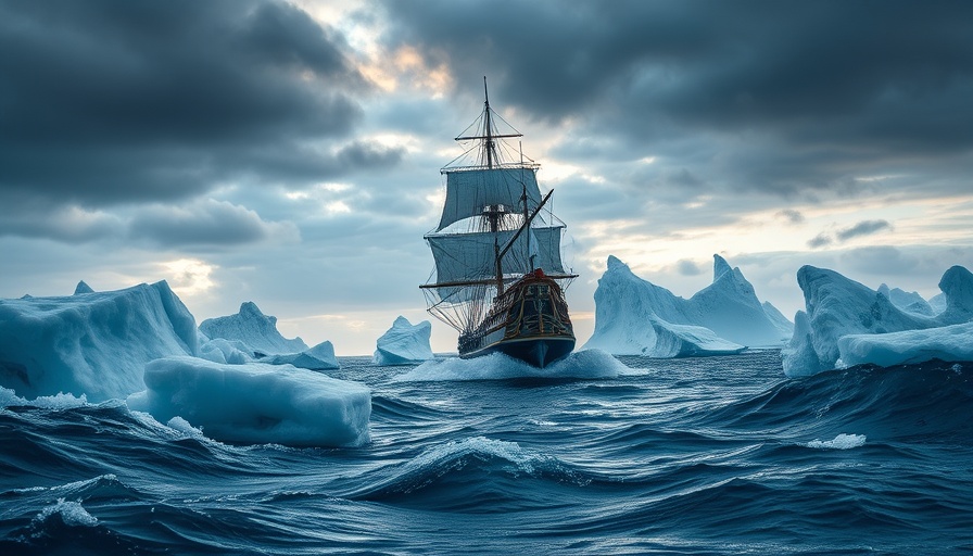 Ice pirate ship navigating icebergs in dramatic Arctic scene.