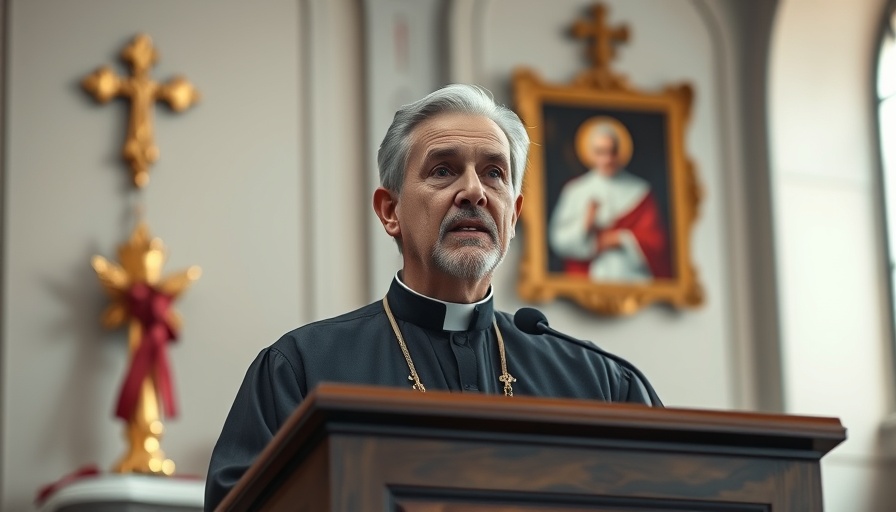 Catholic clergy member speaking at church event with papal portrait.