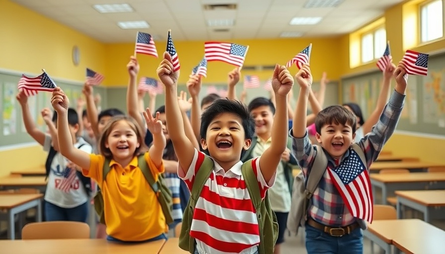 Chicago students in maroon uniforms celebrate with flags at school.
