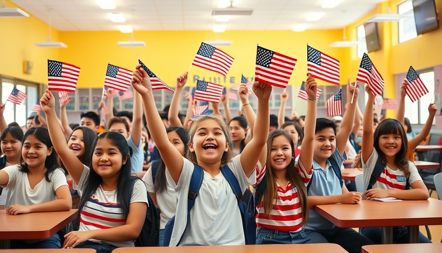 Students celebrate with flags in Chicago school cafeteria.