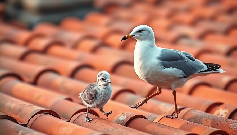 Baby seagull and adult on Sistine Chapel roof, terracotta tiles