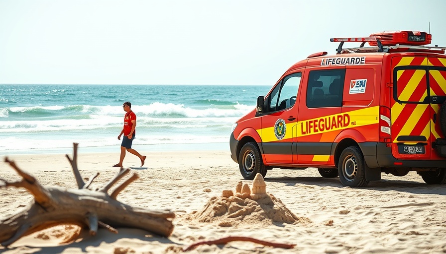 Galveston rescue drill with lifeguard truck on summer beach.