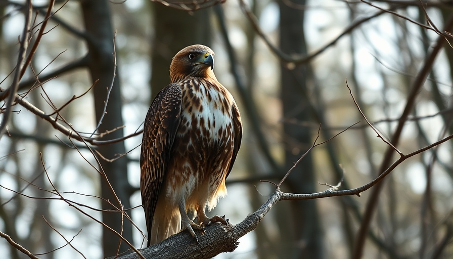 Red-shouldered hawk alertly perched in forest setting.