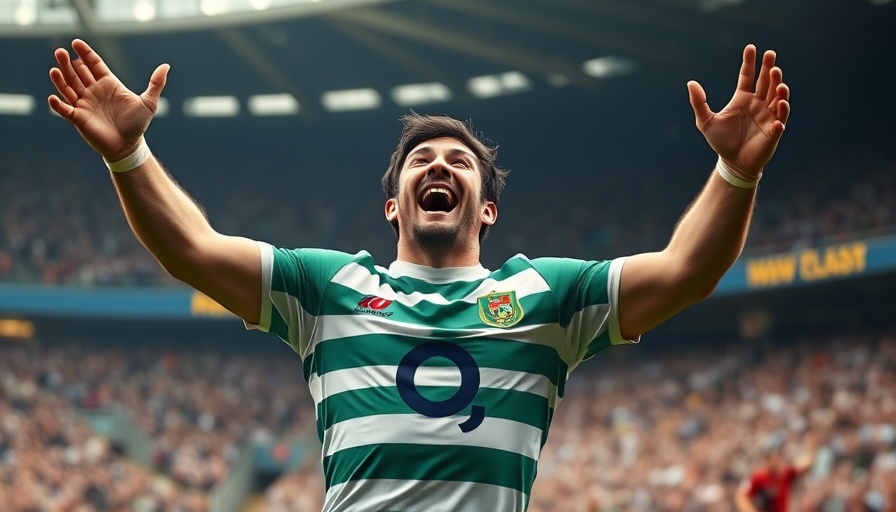 Rugby player celebrating on field in vibrant colors with joyful expression.
