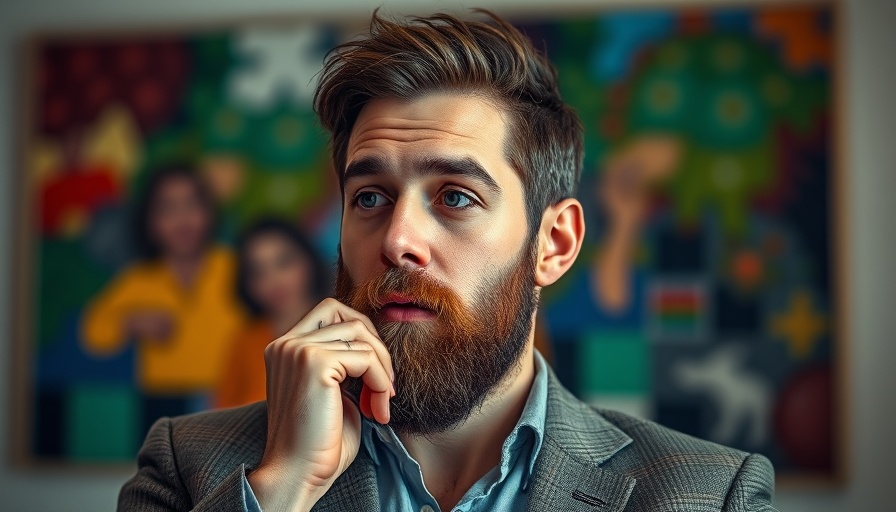Contemplative man indoors with painting background