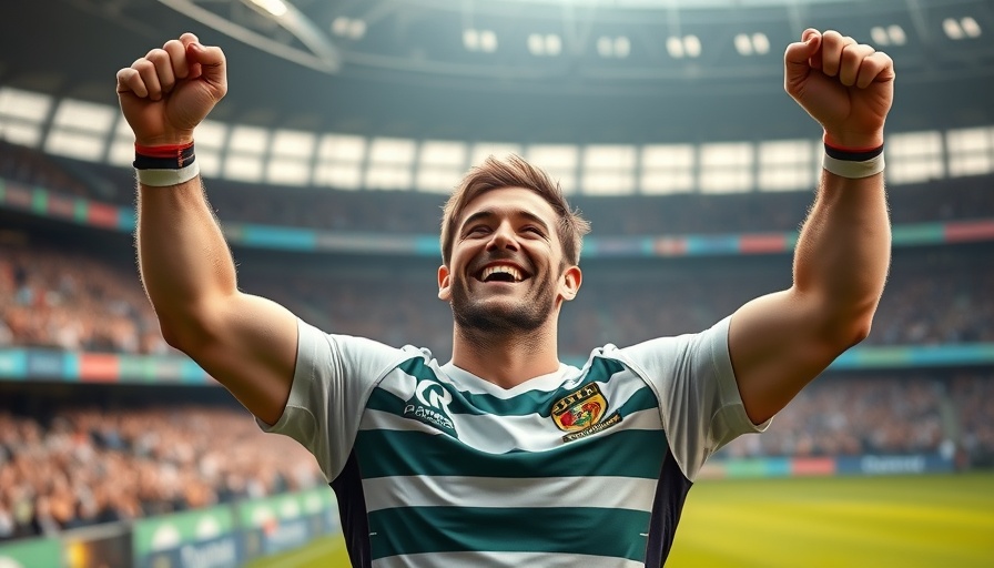 Rugby player celebrating victory at a sports stadium.