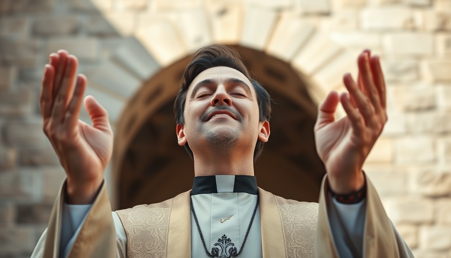 Distinguished religious figure blessing, historic archway background.