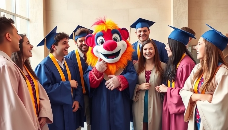 Joyful college graduates, laughing with a mascot at graduation.