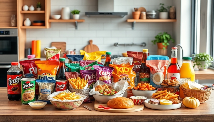 Colorful ultra-processed foods displayed on a wooden table in a bright kitchen.