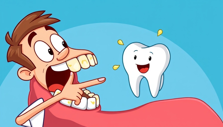 Cartoon illustration of teeth with dental plaque and man pointing, highlighting best remedy for dental plaque.