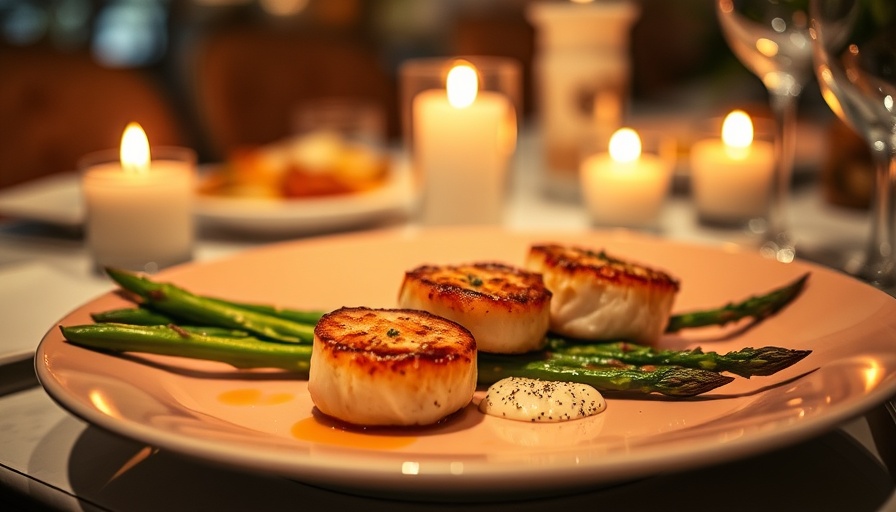 Seared scallops and asparagus recipe on a plate with candlelight.