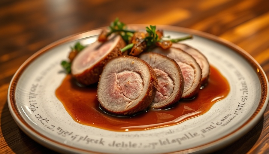 Gourmet dish in Houston restaurants with sliced duck breast and sauce.