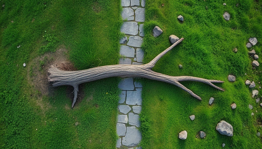 Aerial view of felling of Sycamore Gap tree on grass.