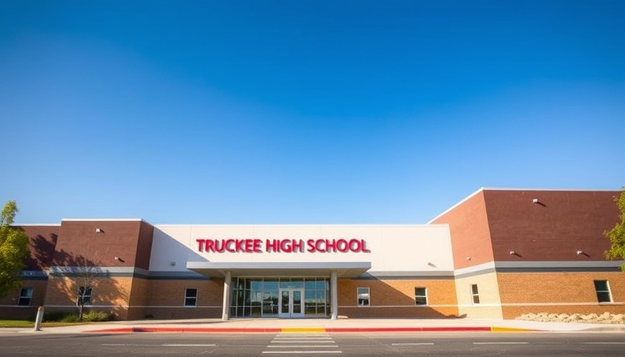 Truckee High School west entrance, modern design under clear blue sky.