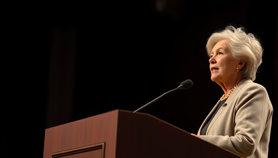 Elderly woman speaking at podium, advocacy event in San Antonio.