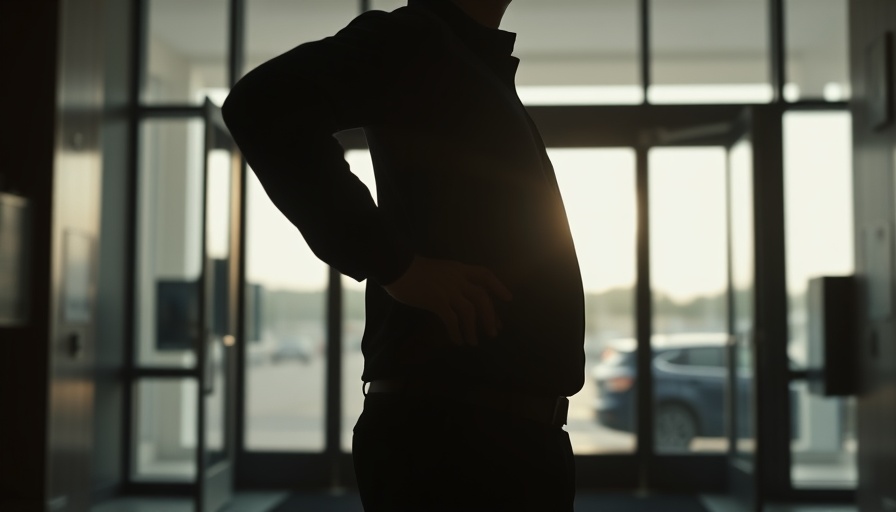 Silhouette at ICE facility entrance, security observing.