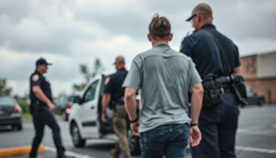Blurred scene of law enforcement escorting a handcuffed individual at ICE facility.