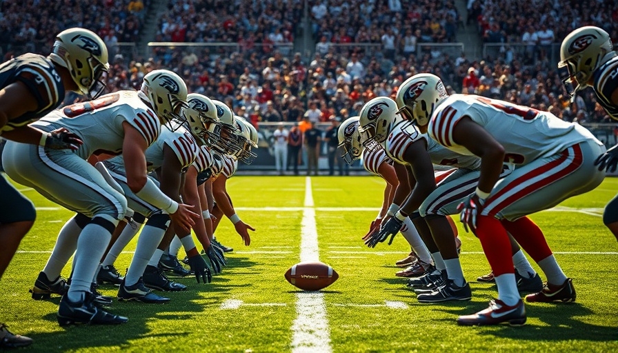 Football players facing off on the field, intense scene.