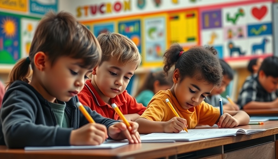 Children writing in a classroom, focus on educational activities.