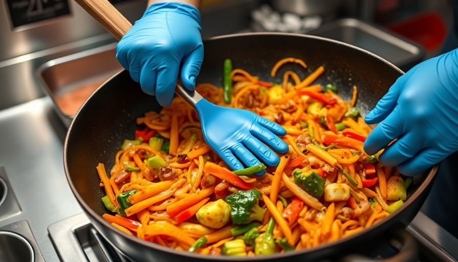Chef stirring vegetables in a wok at TJ Filipino Cuisine kitchen.
