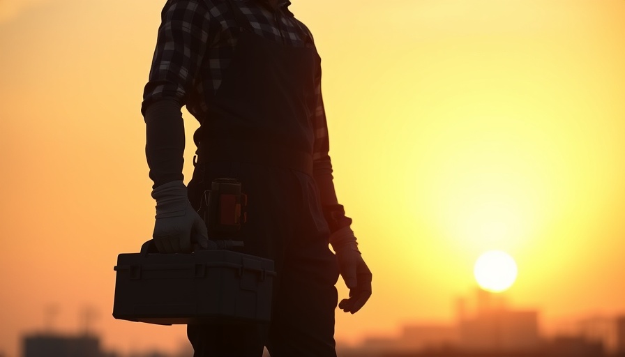 Silhouette of construction worker at sunset with toolbox.