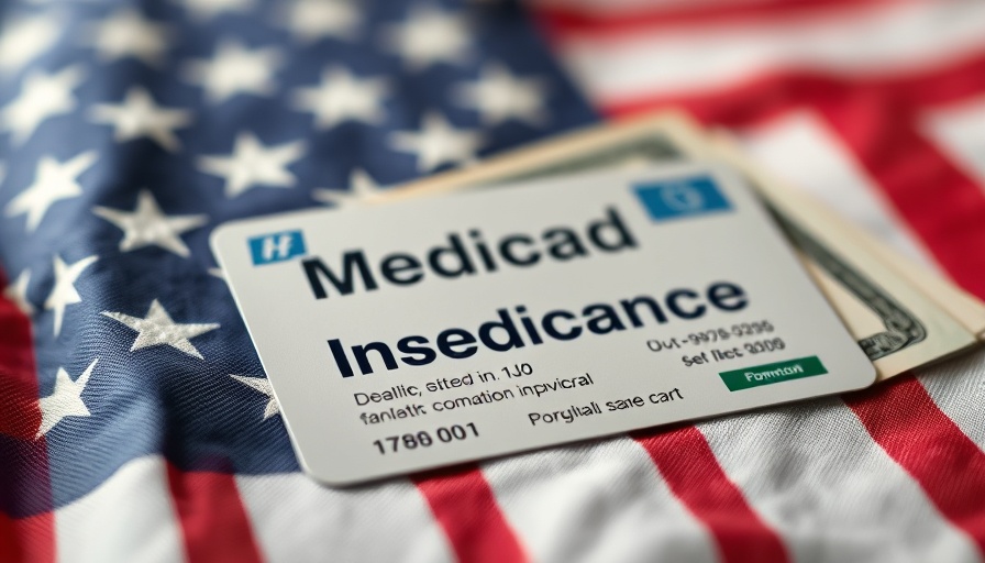 Medicaid Insurance card on American flag highlighting GOP policies impact.