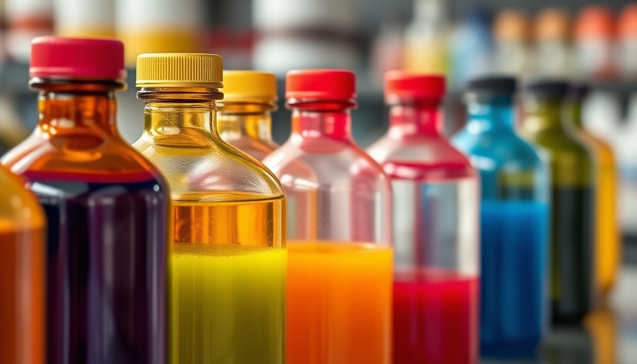 Vivid bottles showcasing natural color additives in a lab.
