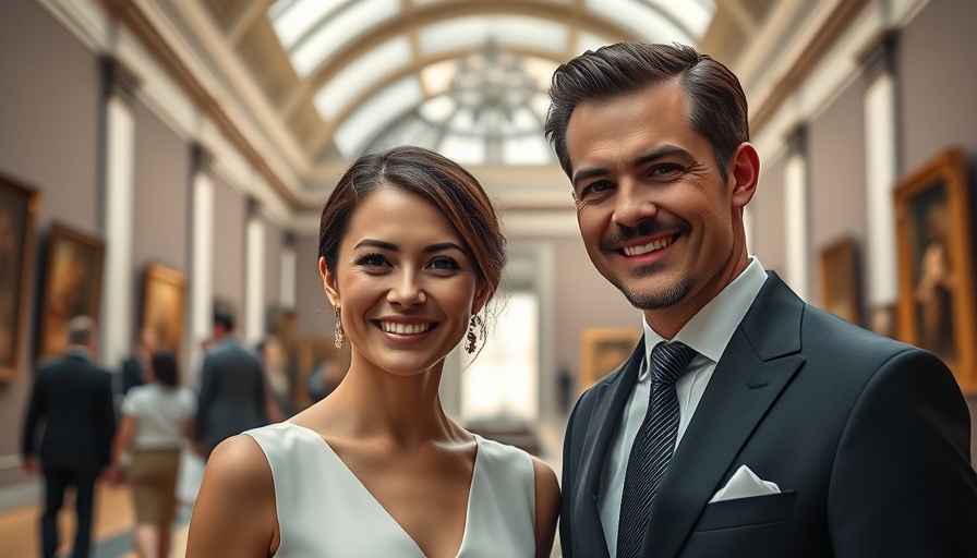 Elegant couple at museum event in formal wear, smiling
