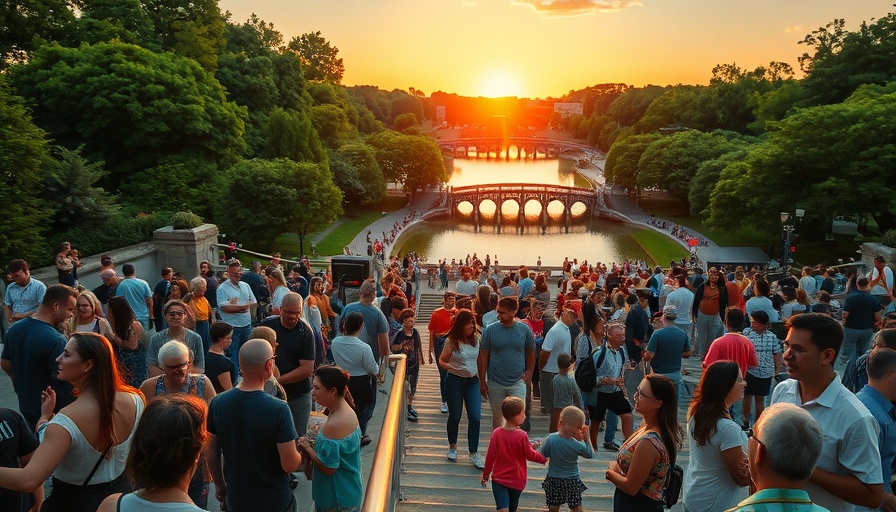 San Antonio business news crowd at event in park during sunset.