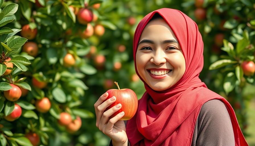Smiling woman in hijab holding apple in orchard, bright day.
