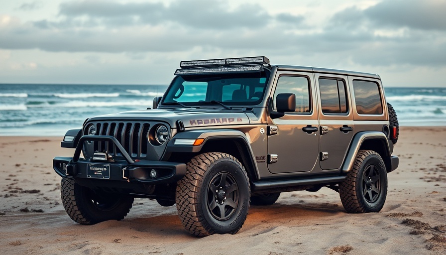 Jeep Weekend in Galveston on a sandy beach with ocean backdrop.