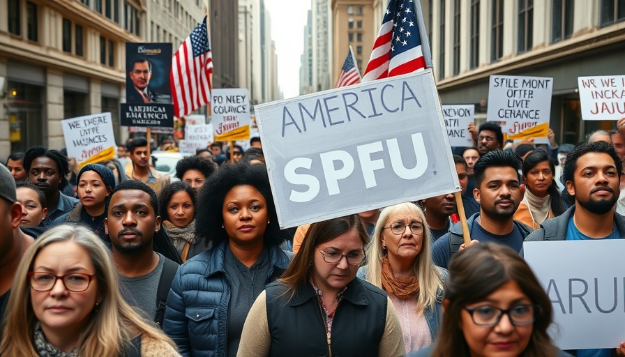 Protesters in America holding signs and flag in daylight.