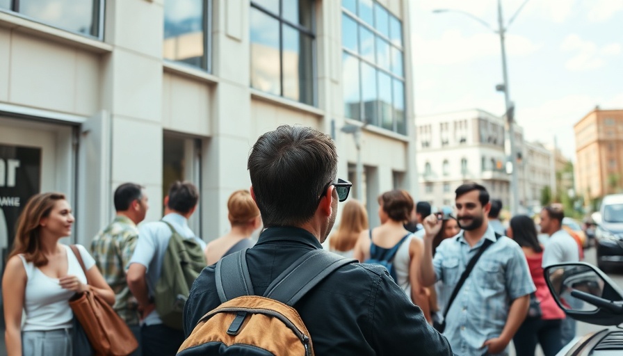 Casual scene with people outside a building and observer in vehicle.