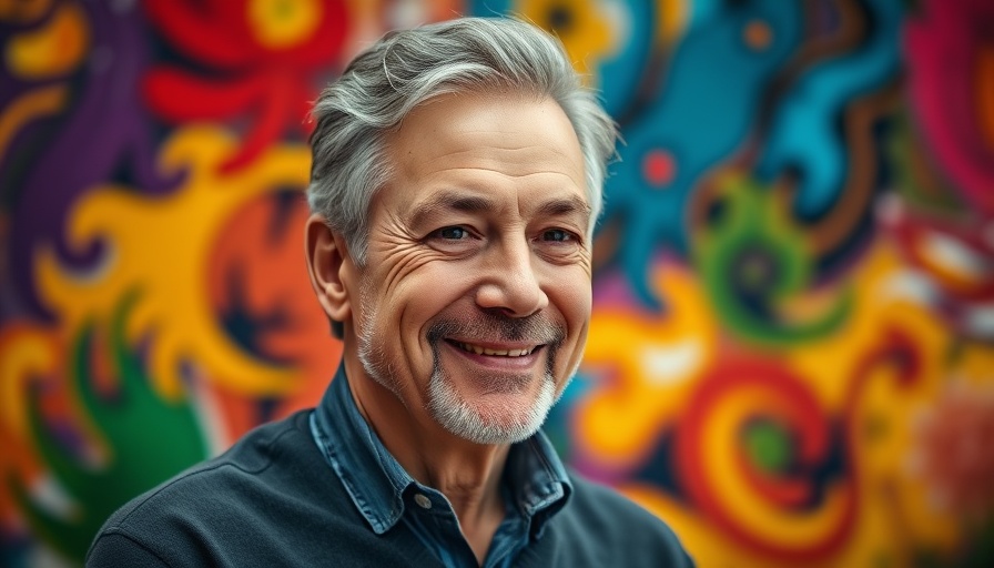 Middle-aged man in front of colorful abstract background, local entertainment San Antonio.