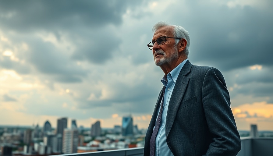 Elderly man on rooftop contemplating, instinct over data in entertainment industry.