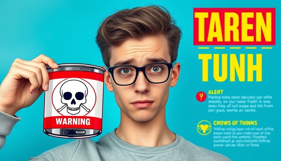Canned tuna mercury warning poster with man and symbol.