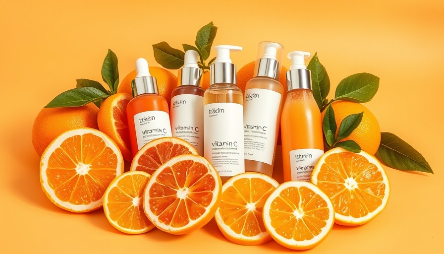 Hydrating vitamin C skincare products with citrus slices on light orange.