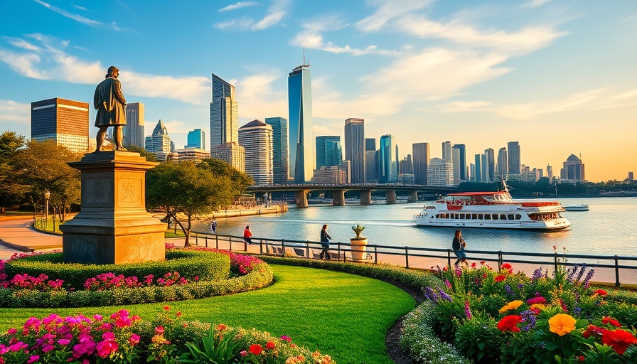 Iconic road trips from Houston collage with city, statue, waterfront.