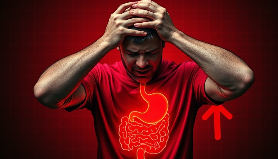 Gut-brain connection depression visual with a man holding his head.